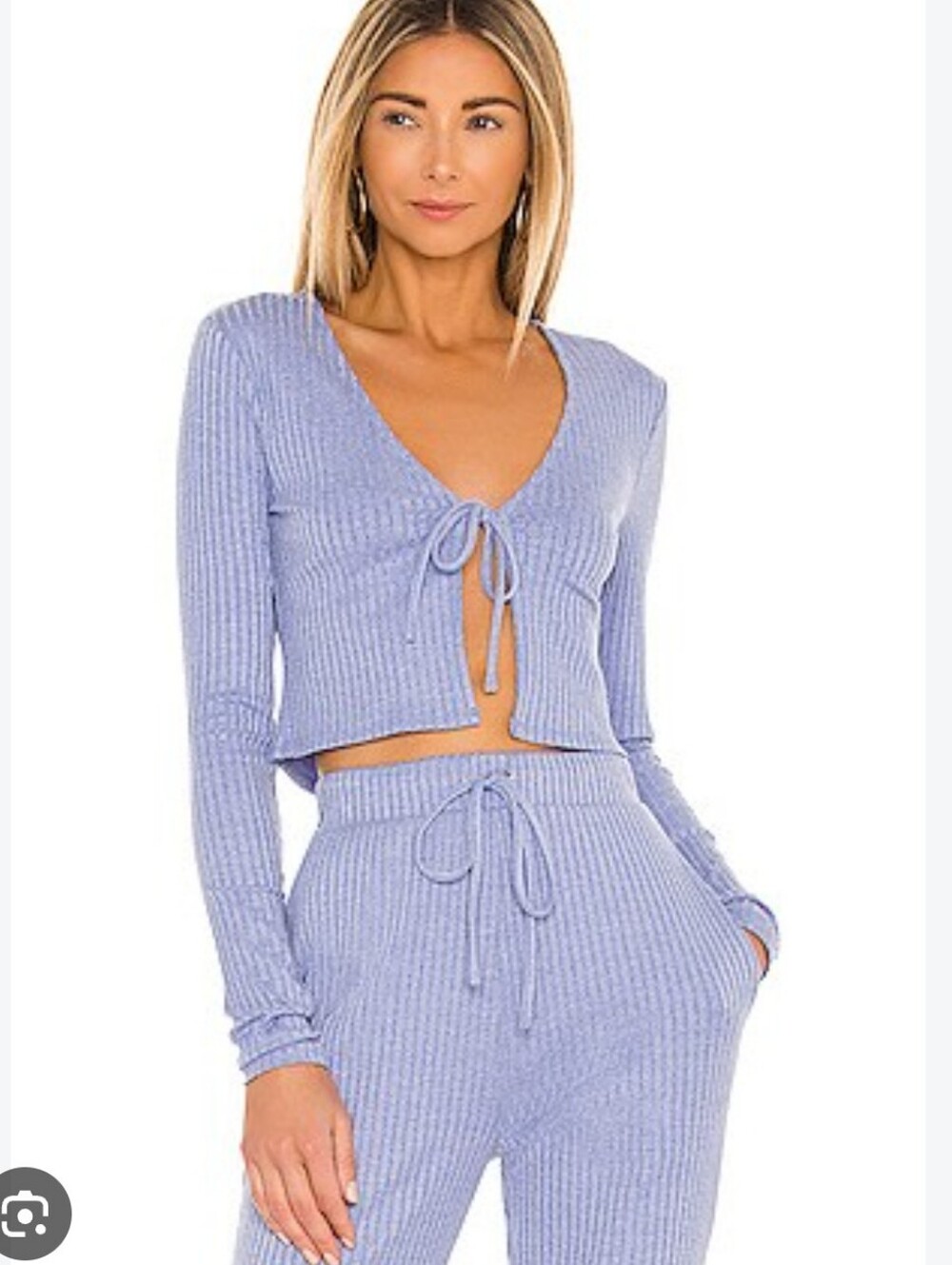 MAJORELLE Light Blue Ribbed Tie-Front Crop Top And Pants Soze Small